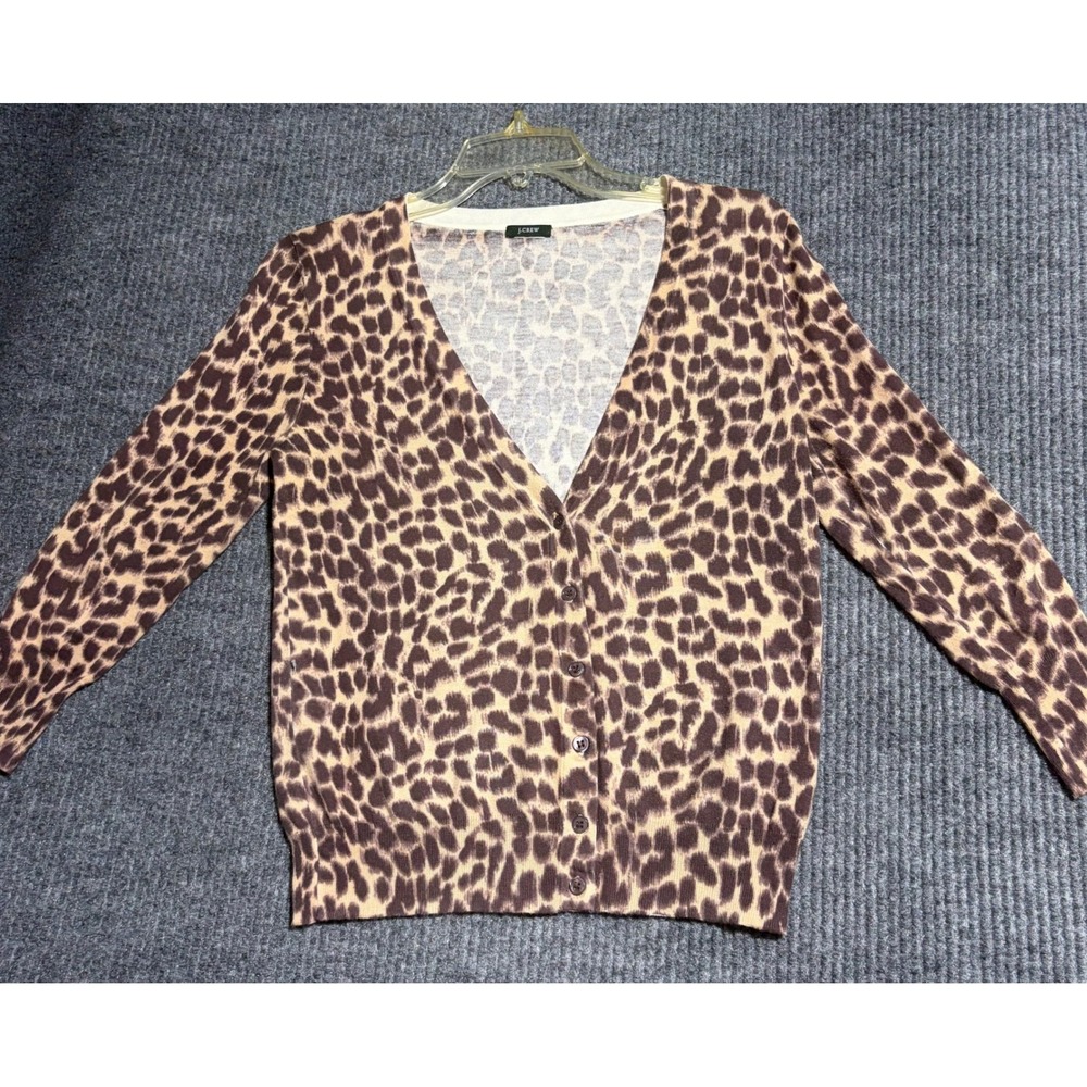 J.Crew Womens Leopard Print V-Neck Button Front Cardigan Brown Tan Knit‎ Sweater